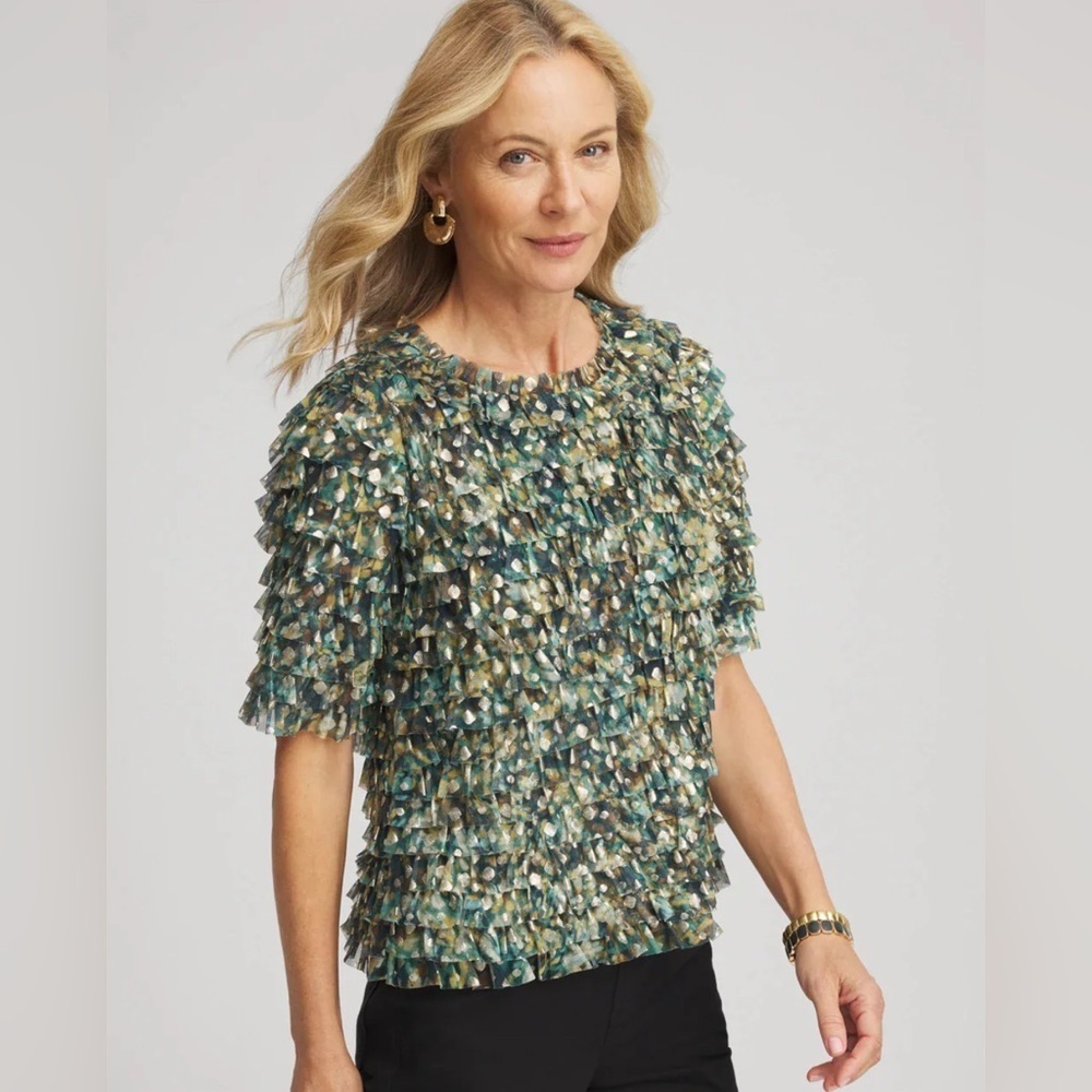 CHICO'S NWT $129.50 Foil Mesh Ruffle Cropped Top Gold Spruce Blouse Size 3 (XL)